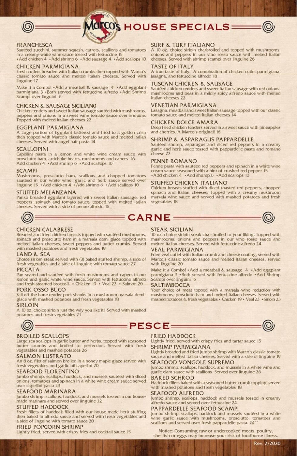 Our Menu | Marcos Italian Restaurant